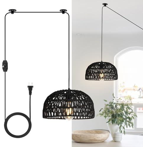HuisMier Rattan Hanging Lamp Plug in Pendant Light, 15 Ft Hanging lamp with Wicker Woven Basket Lampshade, Dimmable Boho Hanging Lamp for Dining Room Living Room Bedroom, Black