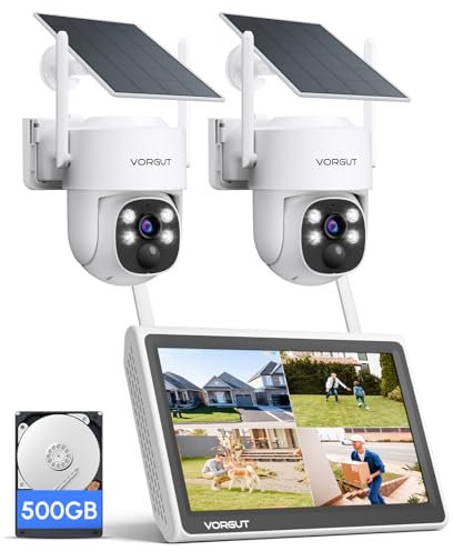 VORGUT Outdoor Wireless Solar Security Camera System with 10 Channel LCD Monitor 10 Inch NVR, 2.5K 4MP 2 Solar PTZ Camera for Home Security, Powered Panel