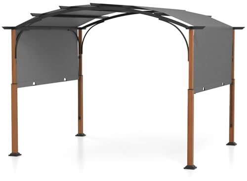 HOMASIS 3,6 x 3 m Pergola gewölbt, Gartenpavillon mit einziehbarer Überdachung, Paviilon mit Sonnenschutz, Gazebo mit Metallrahmen für Garten Hinterhof & Veranda (Grau)