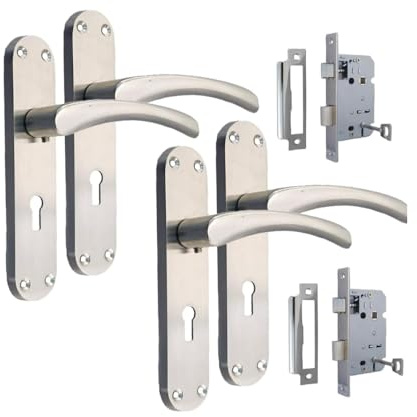 Epsom Door Handle Internal Satin Nickel Twist Door Handle Set and 3 Lever sash Lock, Interior Lock Lever on Long Back Plate, Privacy Lockable Handle for Bathroom, Bedroom, Front Door. 2 Sets