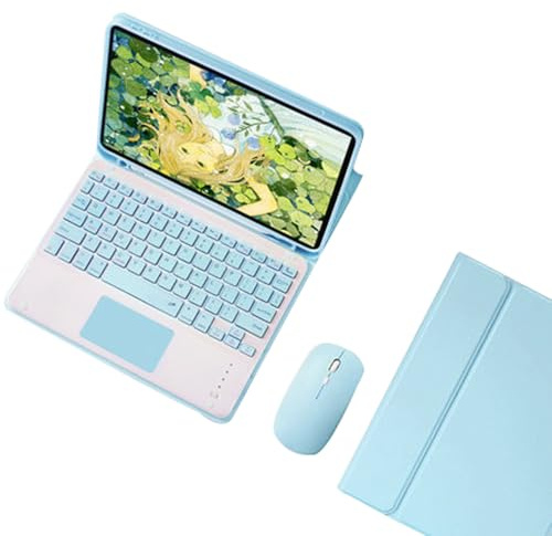 Funda Teclado con Touchpad para iPad 10,2 Pulgadas 9ª/8ª/7ª Generación, iPad Pro 10.5 2017/Air 3 2019, Teclado Inalámbrico Bluetooth Español Ñ QWERTY con Ratón Recargable y Portalápices, Azul-A