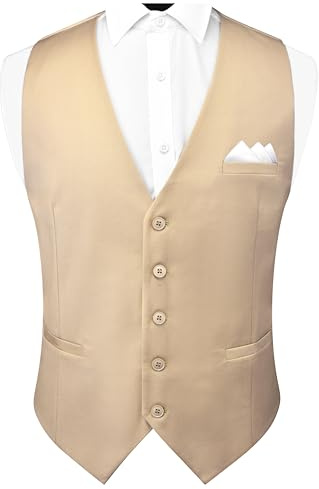 GUSLESON Men's Champagne Vests Solid Suit Vest for Men Waistcoat and Pocket Square Set Khaki Beige Vest Suit Tuxedo Set Wedding Party (0820-05-S)