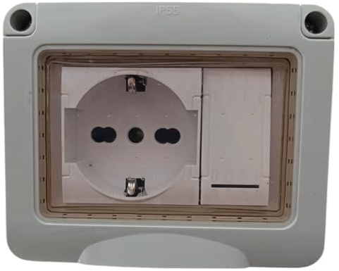 Topolenashop Caja eléctrica lista para usar en exteriores, IP55, caja de pared con 1 toma Schuko impermeable y 1 interruptor con tapa protectora, caja antiintemperie para aparatos eléctricos