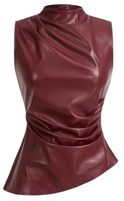SHENHE Women's Mock Neck PU Leather Pleated Asymmetrical Sleeveless Fitted Dressy Tank Top Burgundy Large