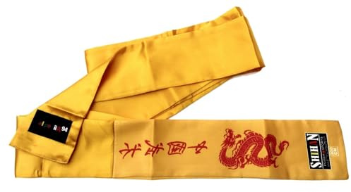 Kung Fu Sash GOLD - YELLOW with RED Dragon Print Satin 300cm for Men/Women Shaolin Monk Kung fu Belt Wushu Martial Arts Sashes for Uniforms Wing Chun Clothing