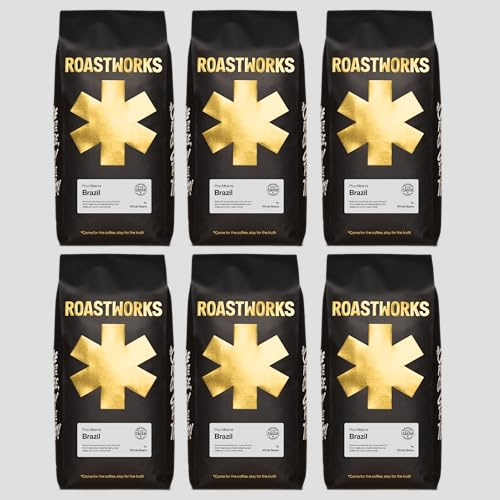 Roastworks | Brazil Whole Coffee Beans | 6 x 1kg | Features 6 x 1kg with smooth chocolate pieces with a rich cocoa shell and flavoured centre.