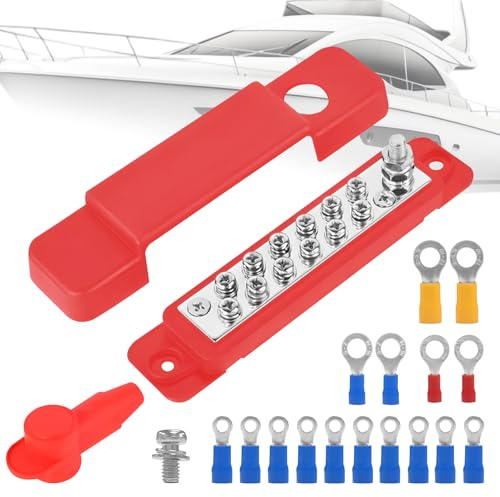 De Distribución De Barra Colectora 12V-48V Cc 150A Barra Colectora 12P Mazo De Cables Con Tornillos De Apriete M6 y Cubierta Protectora De Nylon Adecuada Para Autocaravanas y Yates (Rojo)