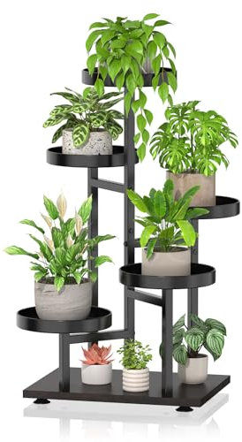 iDavosic.ly 5 Tier Plant Stand Indoor, Tiered Corner Tall Outdoor Plant Shelf for Multiple Plants, Metal Wood Flower Stand Display Rack Holder for Patio Garden Porch Window Living Room, Black Walnut