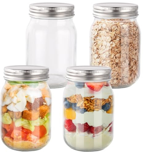 Ezvsevuo 4 Mason Jar 500ml - Bocaux en Verre Conserve - Bocal en Verre Hermétique avec Couvercle - Pot de Confiture avec Étiquettes et Stylo - Bocaux pour Miel, Overnight Oats, Marriage