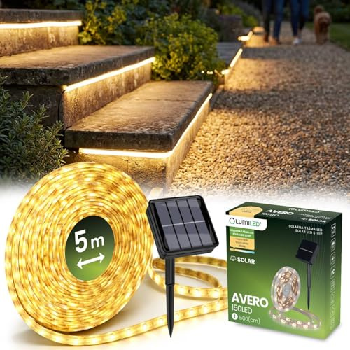 Lumiled LED Solar Streifen 5M 150 LEDs Warmweiß Strip Band IP44, Dämmerungssensor, Lichtband für Außen Garden, Wegbeleuchtung, Deko, Solar lampe,Seilleuchten, 8 Betriebsarten
