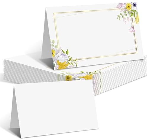 Azlanway Tarjetas de mesa con diseño de flores, 50 tarjetas de lugar plegables, tarjetas de nombre para escribir para bodas, cumpleaños, bautizos, comuniones, celebraciones, vísperas de Año Nuevo