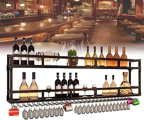 Étagère à vin murale – Meuble de rangement industriel noir pour bouteilles de maison, bar, restaurant et cave à vin – 150 x 20 x 55 cm – Design élégant et peu encombrant.