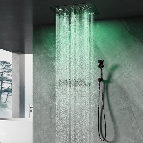 SWHC Duschsystem,Duschsystem Multifunktional Mit Thermostat,Unterputz Duscharmatur,Regendusche Set,Mit LED-Farb Atmosphärenlicht,Duschset Unterputz Dusche,Handbrause,Schwarz Duschsystems