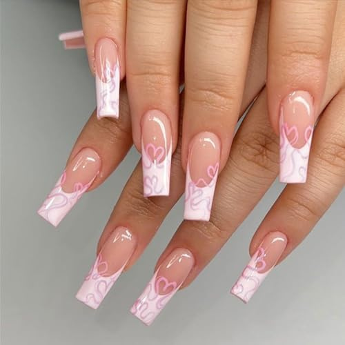Auriselle Stampa su Unghie Lunghe 24 Pezzi Unghie Francesi False Lunghe Quadrate Unghies Artificiali a Strisce Rosa e Viola su Unghies in Gel Morbido, Perfette per la Manicure a Casa