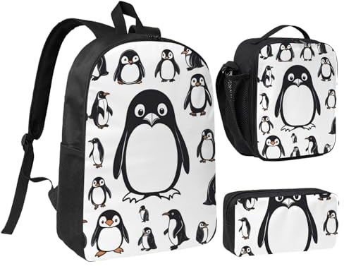 LXqlSS Bonita mochila con estampado de pingüino para uso diario, juego de 3 mochilas con lonchera y estuche para lápices
