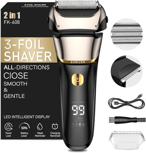 Rasierer Herren Elektrisch, 2-in-1 Elektrorasierer Herren Folienrasierer, Hochfrequenz-Vibration für Glatte Haut, Präzisionstrimmer, Ultradünne Folie, IPX7 Wasserdicht, USB-C, 80Min Akku & Reise-Lock