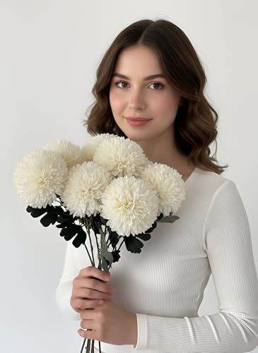 Sorola 6 Large Chrysanthemum Stems Artificial Flowers Faux Tulips Floral Foam 52cm Large Flower Bouquet Bunches Arrangements for Home Decor (White)