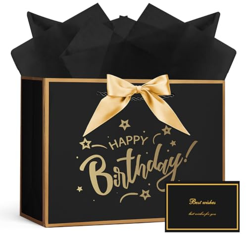 AOOSU Geschenktüte Geburtstag, Papier Geschenktüten mit Schleife + 1 Grußkarten + 3 Seidenpapier, Schwarz Geschenktaschen mit Henkel, Frauen Männer Birthday Gift Bag, Geschenkverpackung für Geschenk