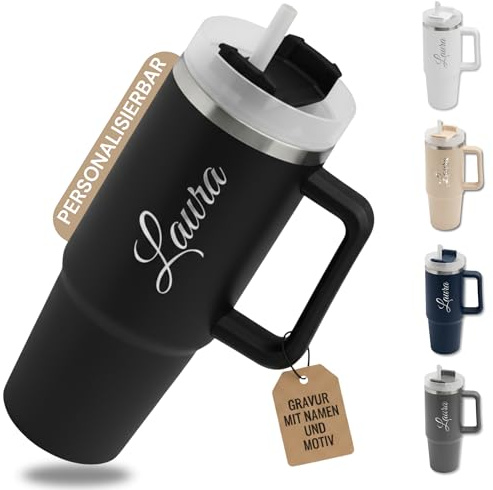 SMARTEON Thermobecher personalisiert mit Namen – Edelstahl Trinkbecher mit Gravur 900ml – Thermosflasche personalisiert – Personalisierter Kaffeebecher mit Strohhalm und Deckel (schwarz)
