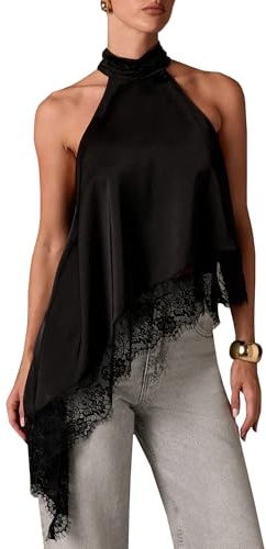 Lshyuehao Women' s Y2K Halter Mock Neck Tops Sleeveless Backless Lace Trim Asymmetrical Hem Going Out Tank Tops Shirt (A-Black, S)