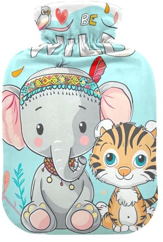 Hot Water Bottle with Soft Cover Hand Feet Warmer Cute Cartoon Elephant Tiger Hot Water Bag for Foot Bed Warmer Pain Relief Medium