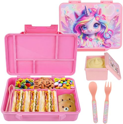 PinkSheep Bento Lunch Box for Kids, 1300 ml Food Containers with Compartments Tableware and Salad Box, BPA-Free Leak-Proof, Back to School Lunch/Snack Container for Boys Girls 4-8 Years (Unicorn)
