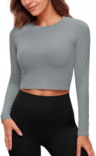 Fisoew Camiseta deportiva para mujer UPF 50+, protección solar, manga larga, cuello redondo, yoga, entrenamiento, crop, transpirable, ajustada, camisetas, gris, S