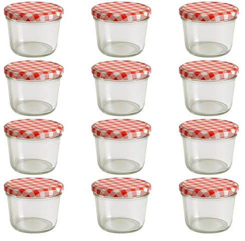 Vitrea 12x Marmeladengläser 230 ml - mit Deckel Rot Kariert TO 82 - Einmachgläser zum befüllen mit Schraubdeckel - Sturzgläser für Marmelade Schraubgläser - leere Gläser - 12 Stück