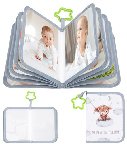 Baby Fotoalbum Stoff für 17 Fotos,10 x 15 cm,Mein Erstes Fotobuch Erinnerungsalbum,Babyalbum mit Haken,Geschenk für Neugeborene, Kleinkinder und Kinder(grauweiß)