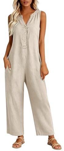 Tuta da donna estiva da spiaggia, tuta intera da donna, elegante, lunga, senza maniche, con mezza abbottonatura, pantaloni da lavoro, in cotone e lino, con tasche, comoda e traspirante