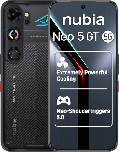 ZTE Nubia Neo 5 GT 5G, Smartphone Gaming con IA, 12GB+256GB, Gatillos Laterales, Ventilador físico Incorporado, Pantalla AMOLED 6,8 1.5K 144Hz, 6210mAh Doble celda, Android 16, Negro (Phantom Black)