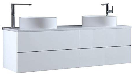 StoneArt Badmöbel Set mit Mineralguss Waschbecken Waschschale Aufsatzwaschbecken und Unterschrank Waschtisch Einzel- oder Doppelwaschbecken Brugge BU-1601pro-6 weiß 160cm