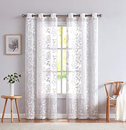 Embroidered Sheer Curtains Curtains for Bedroom Non Black out Curtains Room Decor Floral Linen Curtains Bedroom Curtains Grommet Curtains 96 Inches Long 38 Inch Set of 2 Curtains Panels in White