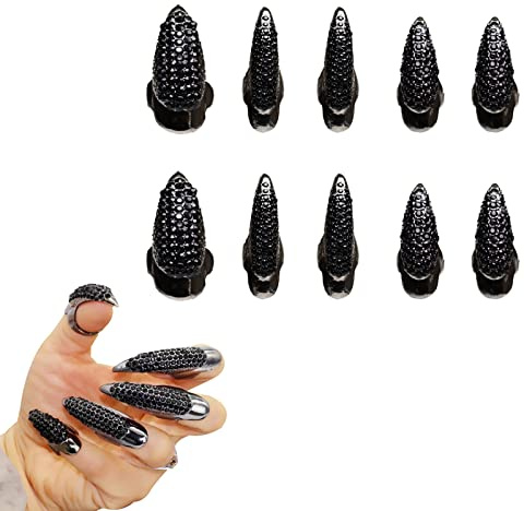 Juego de 10 anillos de uñas falsas estilo gótico punk, 3 tamaños, cristales incrustados, punta de los dedos, para niñas y hombres