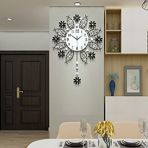 JTWALCLOCK Large Wall Clock for Living Room Decor - Giant Silent Modern Battery Operated Decorative Glass Pendulum Crystal Clock for Kitchen Bedroom - Oversized Non-Ticking 22 Inch