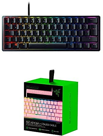 Razer Bundle bestehend Huntsman Mini (Purple Switch) Schwarz, DE-Layout Upgrade-Set mit PBT Tastenkappen + Spiralkabel in Quartz Pink, US- & UK-Layout