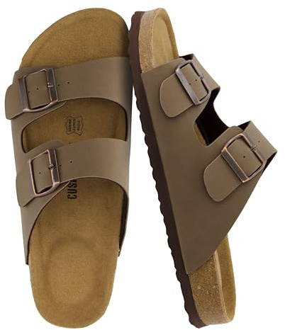 CUSHIONAIRE Lane Cork Footbed Mens Sandals, Adjustable Buckle Comfort Slides for Men, Genuine Leather Insole Summer Sandals Men Footwear, BROWN 9