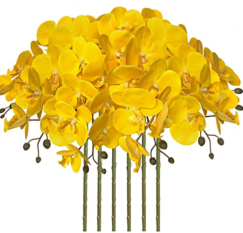 FagusHome 6 Stück Künstliche Phalaenopsis Blumen 80cm Künstliche Orchideenblumen Stammpflanzen für Wohnkultur (Gelb)
