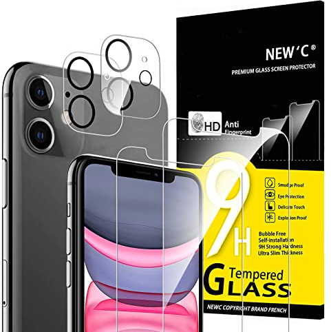 NEW'C 4 Pack, 2 x Protector Pantalla para iPhone 11 y 2 x Protector de Lente de Cámara - Cristal Templado - Anti-Rayaduras - Ultra Resistente - Cristal Dureza 9H