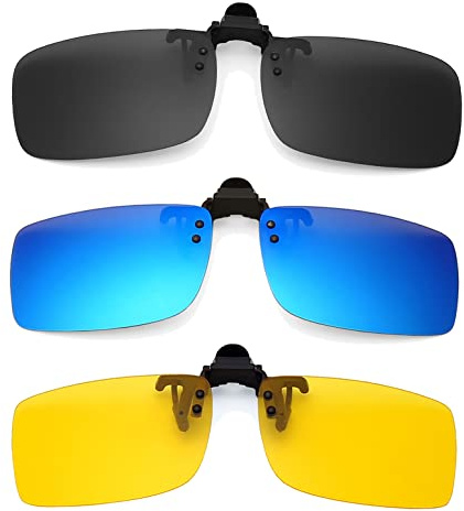 Long Keeper Sonnenbrille zum Anklippen, polarisiert, zum Aufstecken, für Männer und Frauen, zum Autofahren, Angeln, 3 Paar, Grau, Blau, Gelb, Small