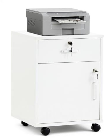 LEMROE 2 Drawer Mobile File Cabinet with Lock and Wheels, Under Desk Drawers Office Filing Cabinet for Letter / A4 Paper/Document, Industrial Printer Wooden Stand Home Office, White