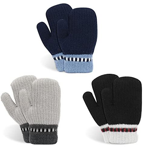 TAGVO Gants Extensibles en Tricot Enfant, 3 Paires Moufles Bebe Hiver Enfants Garçons Filles, Tricotées épais d'Hiver Âgées de 2 à 5 Ans