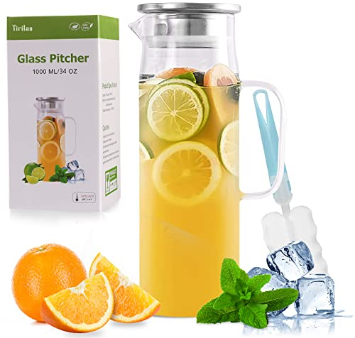 Jarra de vidrio, jarra de vidrio de 1 litro con tapa, jarra de agua de vidrio, jarra de vidrio con tapa