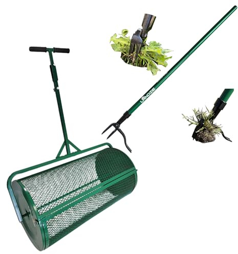 Landzie Spreader & Weeder Lawn & Garden Care Set - 36 Compost & Peat Moss Spreader w/ 44 Long Steel Stand Up Manual Weeder - Easily Weed Grass & Apply Compost, Peat Moss, Topsoil, Sand, Topdressing