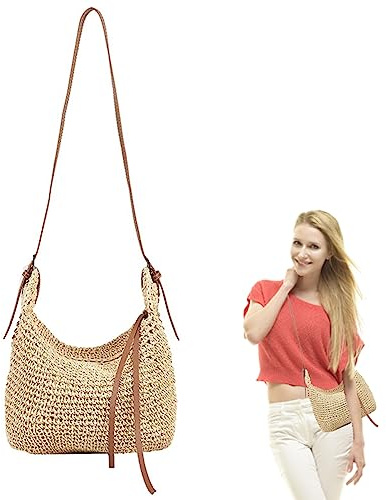SMELEYOU Hobos Sacs d'épaule, sacs de paille sacs de plage pour les femmes tissées d'été avec sacs à main à fermeture éclair pour les vacances beige