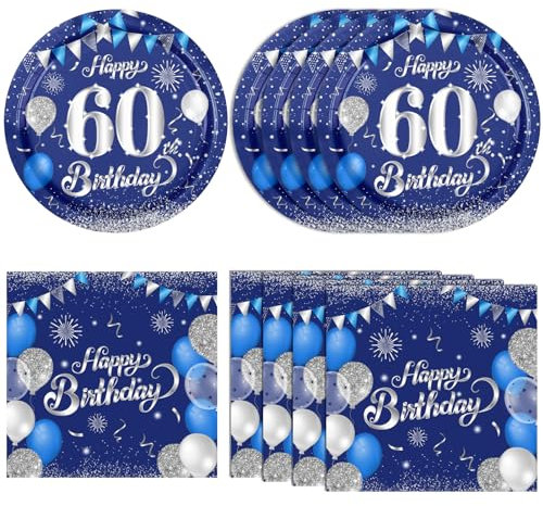 KHAIVI 40PCS Happy 60th Birthday Party Supplies for Men Women Navy Blue and Silver Disposable Tableware Favors Plates Napkins Set for 60th Birthday Anniversary Decor