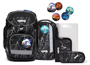 ergobag pack Set ergonomischer Schulrucksack, Schulranzen, Vorgänger-Kollektion, flexibel 6-teilig Grundschule Super ReflektBär - Schwarz