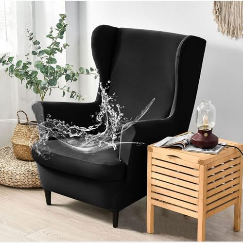 Hixingo 2 Pezzi Copripoltrona con Orecchie Elasticizzato, Colore Solido Copripoltrone Lavabile Copri Poltrona Soggiorno, Copertura Poltrona Universale (Nero,One size)