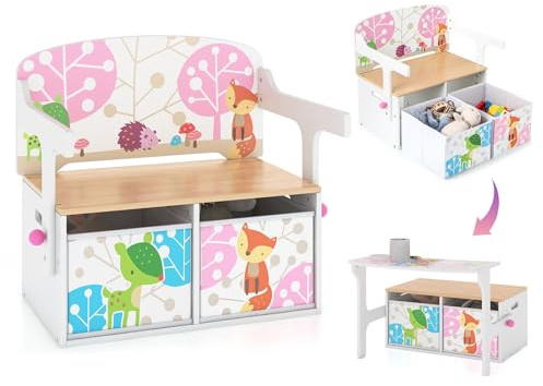 HONEY JOY Kids Table and Chair Set, 3-in-1 Convertible Wooden Toy Storage Bench with Handle, 2 Bins for Kids Reading Nook, Toddler Table and Chair Set for Daycare Playroom Classroom (White)