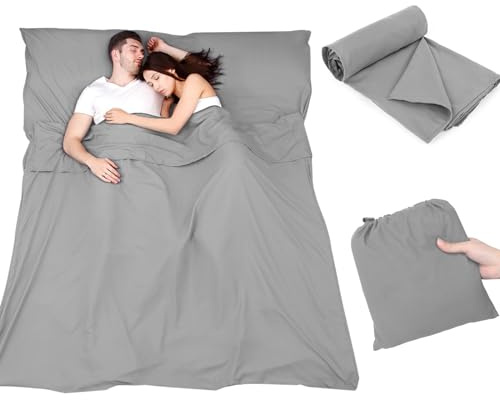 Plliocse Sacco a pelo, lenzuolo da viaggio, matrimoniale, 160 x 210 cm, con tasche per cuscini, per adulti, viaggi, hotel, viaggi di lavoro, campeggio (colore grigio, 160 cm x 210 cm)